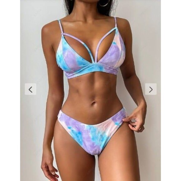 NWT Womens Tie Dye Strappy Bikini Swimsuit purple pink Multicolor sz L (8) - Picture 1 of 7